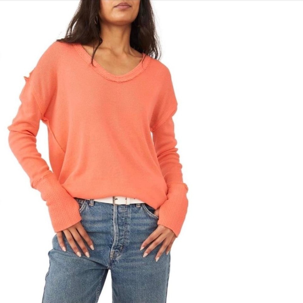 We The Free Oversized Raw Hem Henley Long Sleeve Orange Top Womens L Boho